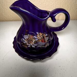 Vtg Kutani Andera By Sadek Cobolt Blue Pitcher/Saucer Pheasants Gold Trim Floral